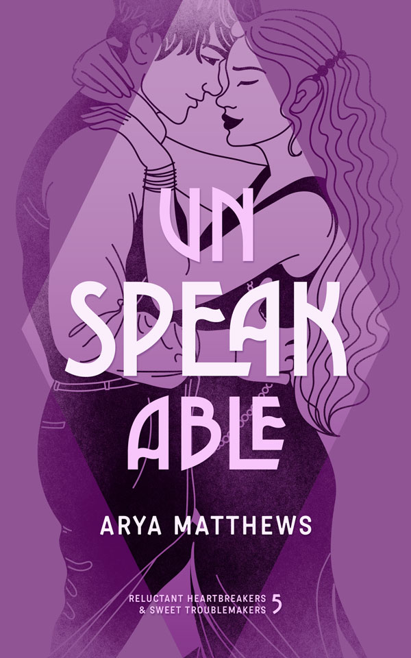 book cover of unSPEAKable by Arya Matthews handsome young man gray background purple title